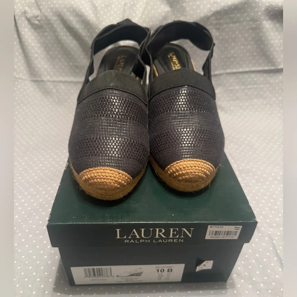 Lauren Ralph Lauren Helma Black Espadrille Wedges 10B NWOT Woven Slingback